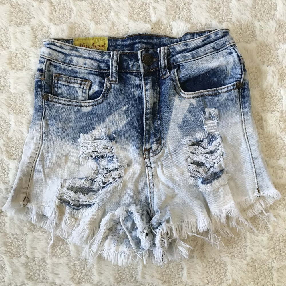 Machine Light Blue Distressed High Waist Shorts